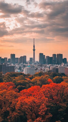 Autumnal city skyline sunset vibrant foliage tower