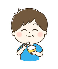 白米をもぐもぐ美味しそうに食べている男性のゆるかわイラスト