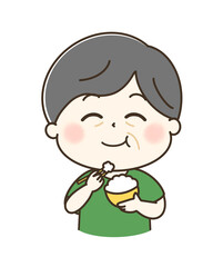 白米をもぐもぐ美味しそうに食べている年配の男性のゆるかわイラスト