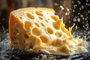 Block of Swiss cheese splashes into liquid, creating dynamic and intense moment with melted textures and gourmet appeal.