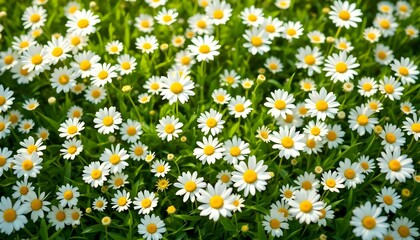 Fototapeta premium Lush green grass meadow, scattered white daisies, spring wildflowers