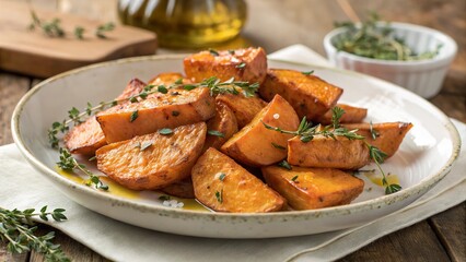 Roasted sweet potatoes with olive oil and fresh herbs served on a rustic table