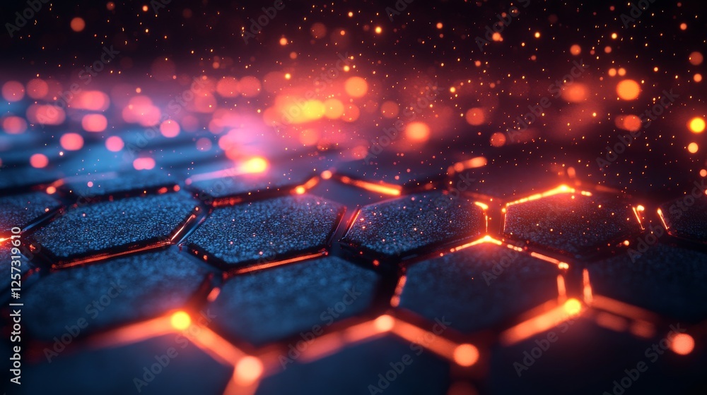 Poster glowing orange network over a dark hexagonal patterned surface