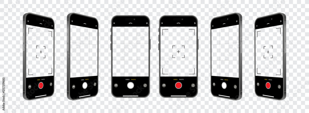Poster smartphone camera ui interface vector: viewfinder, zoom, grid, buttons and focus controls for mobile