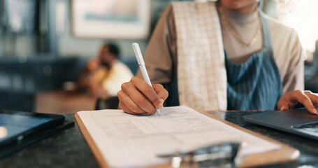 Writing, checklist and planning with hands in cafe for product inventory, supplier list or budget...