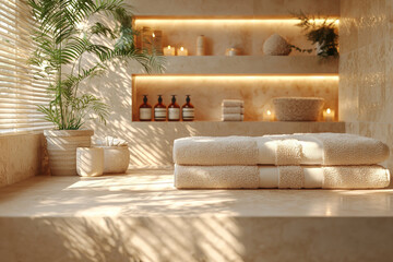 Serene spa corner with folded towels, potted plants, and warm lighting creating relaxing ambiance.