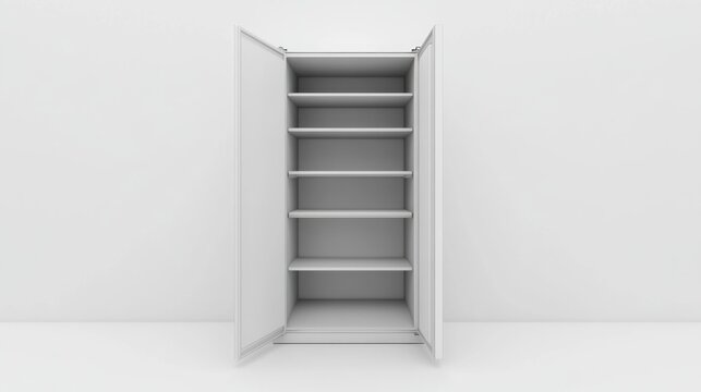 Empty white storage cabinet against a plain wall, ideal for interior design websites
