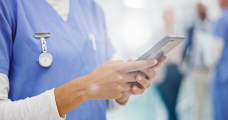 Person, hands or nurse with phone for health app, telehealth or medical research at hospital....