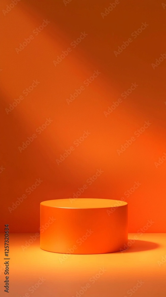 Poster soft light envelops a realistic orange cylindrical podium set against an orange backdrop, highlighti