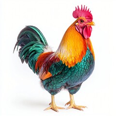 Fototapeta premium Vibrant Rooster Colorful Feathers Farm Animal Detailed Portrait White Background