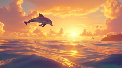Fototapeta premium A playful dolphin jumping out of the water with the sun setting in the background.