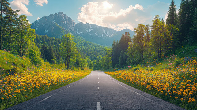 Scenic open road surrounded by vibrant yellow wildflowers, lush green trees, and majestic mountains under sunny sky.