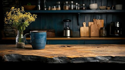 Rustic kitchen scene with coffee mug and flowers