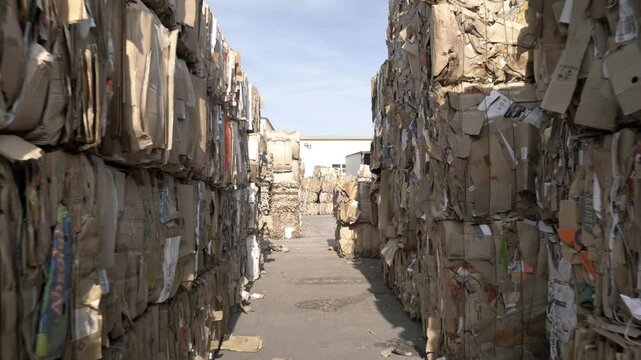 Open area of factory with large bales of waste paper. Transport in form of forklift delivers raw materials to shop for cardboard processing