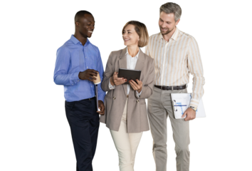 Three business people discussing work together using a tablet on a transparent background