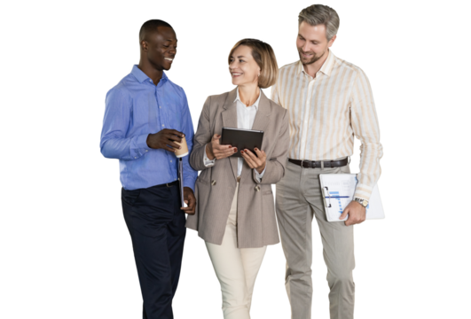 Three business people discussing work together using a tablet on a transparent background