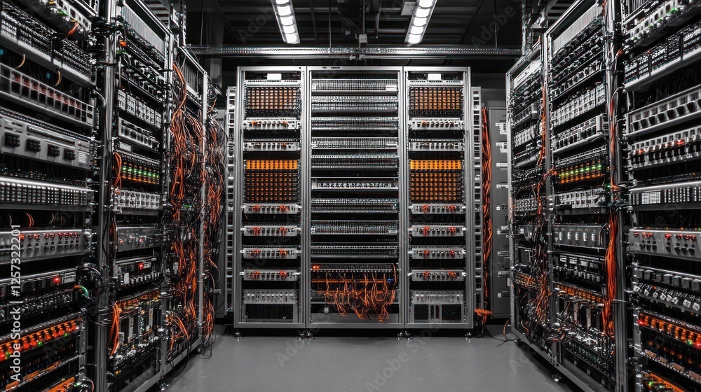 Poster data center servers networking room, digital infrastructure