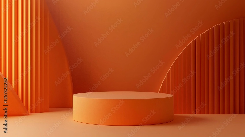 Poster this captivating setting features a smooth orange cylindrical podium surrounded by vibrant geometric
