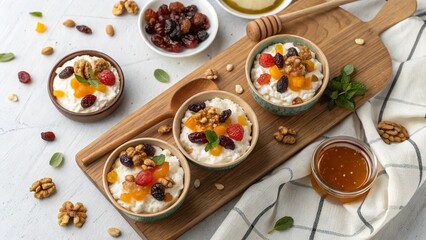 Delicious cottage cheese topped with a variety of dried fruits in a cozy kitchen setting