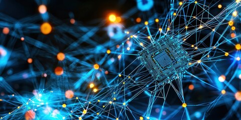 A vibrant, abstract representation of a digital network, showcasing interconnected nodes and circuitry against a dark background.