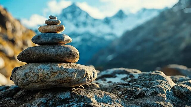 rock balance , rock stack at cliff edge with mountain background