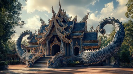 Fototapeta premium Temple House Shaped Like a Dragon, with Its Tail as the Entrance