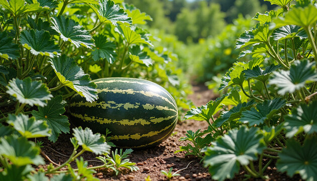 Watermelon growing in a field for farming blogs, gardening websites, and fresh produce content