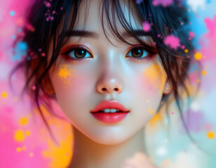 A captivating abstract painting of an anime girl’s face, featuring vibrant splashes of color and...