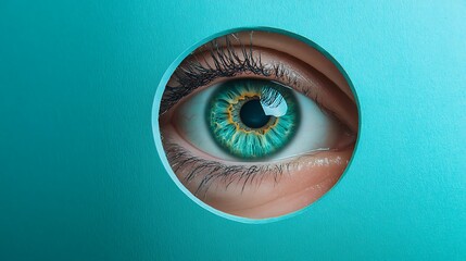 A mesmerizing teal eye peering through an oval opening, a captivating study in color and observation.