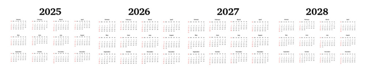 Set of calendars for 2025, 2026, 2027 and 2028 on a white background