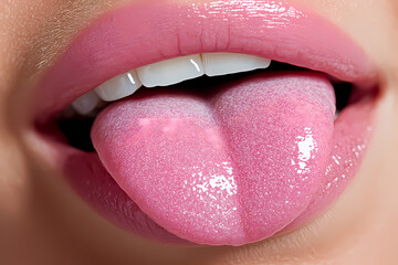 Obraz premium Glänzende Lippen mit herausgestreckter Zunge in Nahaufnahme 
