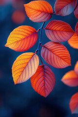 Obraz premium Vibrant autumn leaves in fiery red and orange hues against soft blue background.