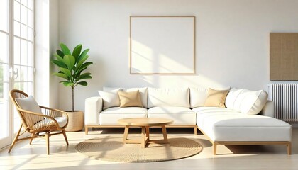 Modern Minimalist Living Room Interior Design with White Sectional Sofa Wooden Coffee Table and