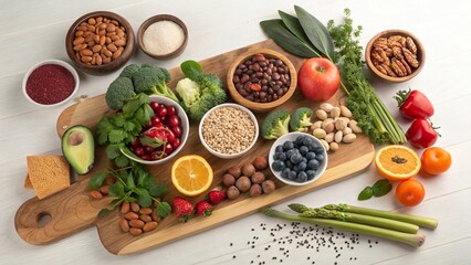 An array of colorful plant based foods arranged on a wooden cutting board showcasing fresh fruits, vegetables, nuts, and grains in a bright setting