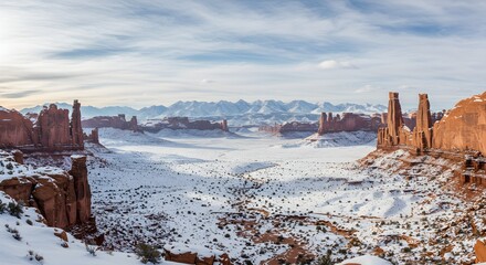 A desert valley landscape covered in snow with towering sandstone cliffs, distant mountains, and winter clouds.