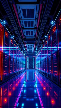 Futuristic server room with vibrant neon lights illuminating the corridor and reflecting on the floor