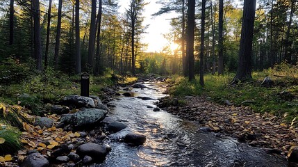 Golden Hour Serenity: Creekside Sunset in an Autumn Forest AI Generated