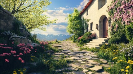 Naklejka premium A temple house with a cobblestone pathway and wildflowers