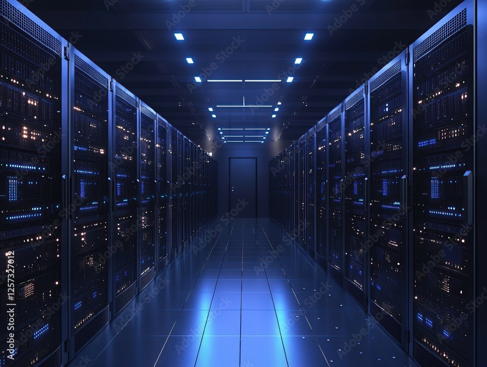 Poster exploring the digital core: a journey through a modern server room's architecture at night