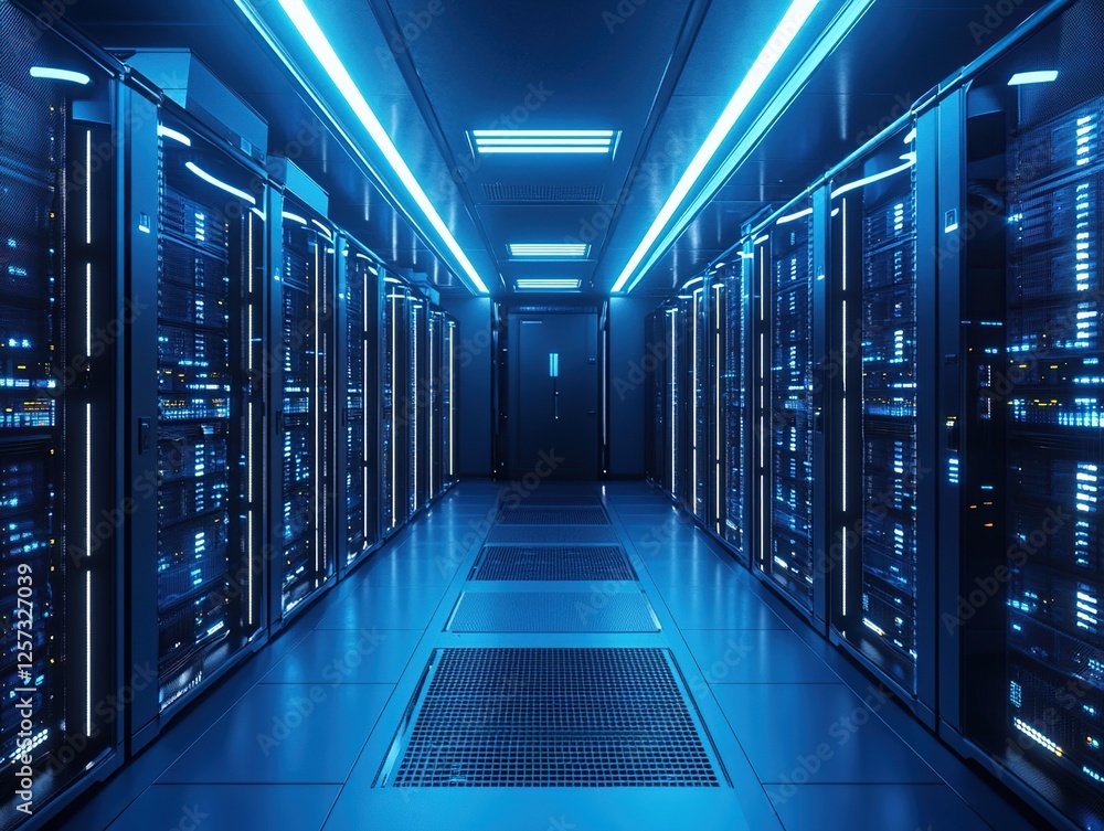 Aufkleber exploring a modern data center: servers, network, and technology infrastructure with advanced coolin