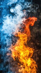 Obraz premium Fiery orange and blue smoke swirls on dark background, abstract art, design element