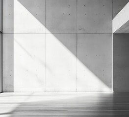 Modern concrete interior, sunlight streams in, empty space