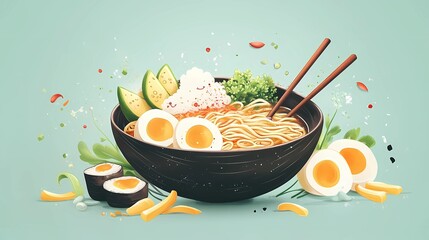 Stylized ramen bowl with steam rising, capturing the essence of Asian street food culture, ideal for posters, branding, and food blogs, graphic novel style