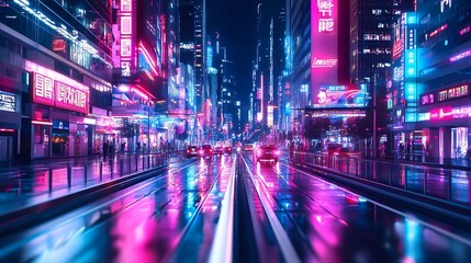 Fototapeta premium Neon Nightscape: Cyberpunk City Street at Night