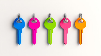 Five colorful keys hanging on white background representing security and access