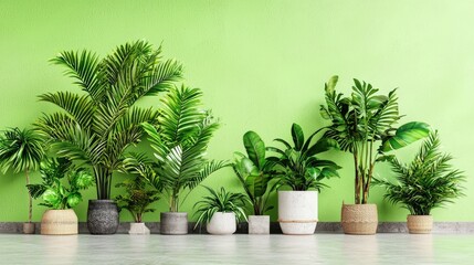 Fototapeta premium Lush green plants in pots against a lime wall, interior design