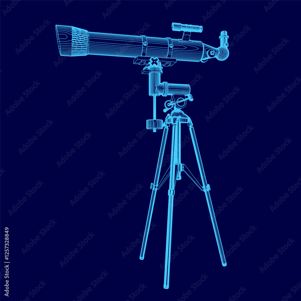 Aufkleber a blue drawing of a telescope with a tripod. the telescope is a large, powerful instrument used for 