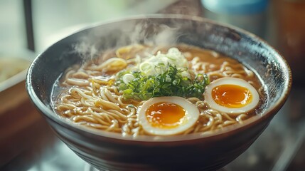 Stylized ramen bowl with steam rising, capturing the essence of Asian street food culture, ideal for posters, branding, and food blogs, graphic novel style