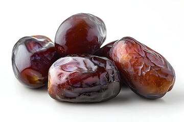 Obraz premium Close-up of fresh glossy dates on a clean white background, natural sweet fruit with rich texture and soft lighting.