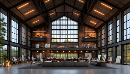 3D Illustration - Industrial Loft Art Studio Interior Design, Large Windows, Brick Walls, and Mezzanine
